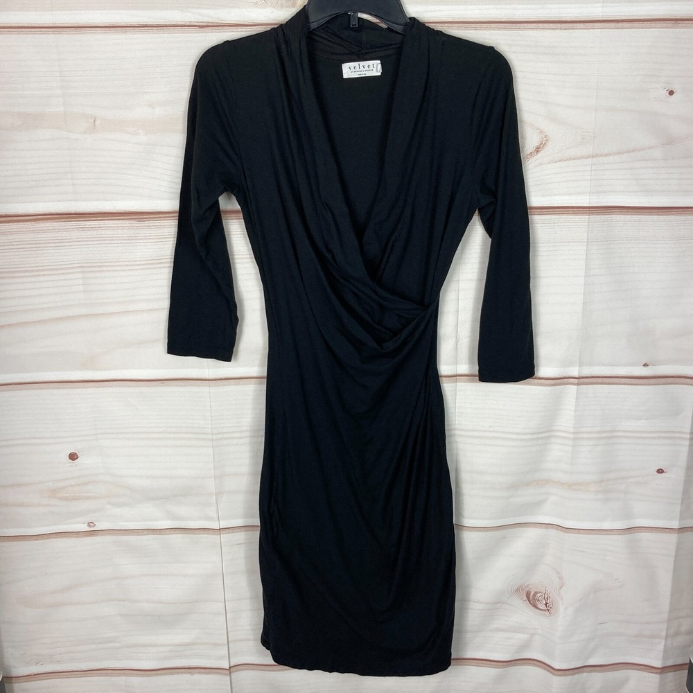 Velvet Graham Spencer Dress Womens S Black Faux Wrap Knit Bodycon 3/4 Sleeve